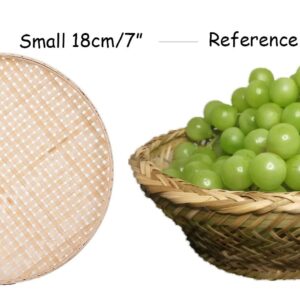 100% Handwoven Flat Wicker Round Fruit Basket Woven Food Storage Weaved Shallow Tray Organizer Holder Bowl Decorative Rack Display Kids DIY Drawing Board (Sqaure Hollow-Bamboo White, 18cm/7")