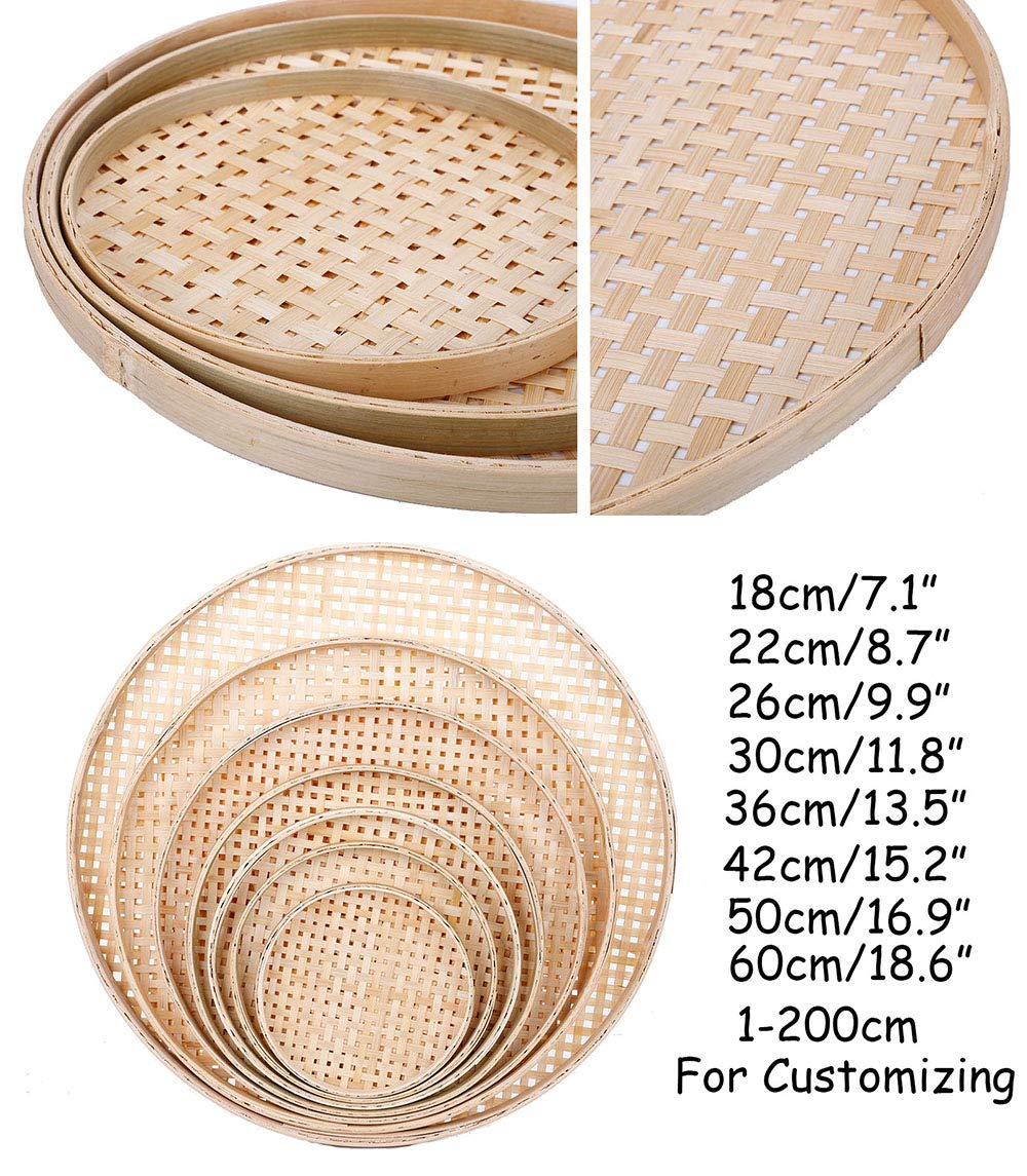 100% Handwoven Flat Wicker Round Fruit Basket Woven Food Storage Weaved Shallow Tray Organizer Holder Bowl Decorative Rack Display Kids DIY Drawing Board (Sqaure Hollow-Bamboo White, 18cm/7")