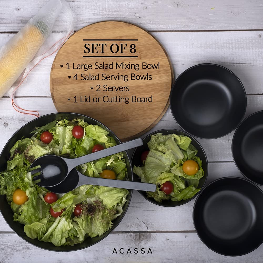 ACASSA Salad Bowl with Servers, Salad Bowl Large, 9.8", 4 Small Serving Bowls, Salad Bowl with Tongs, Salad Mixing Bowl with Lid, Bamboo Fiber, Wooden Salad Bowl Set, Lightweight, Dishwasher Safe