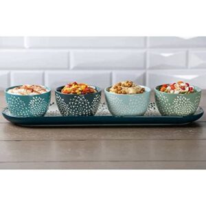 baum mums ceramic serve 5-piece serve set (1) tray & (4) bowls blue floral appetizer serving bowls set, white