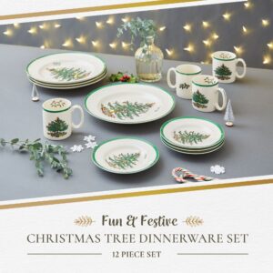 Spode Christmas Tree Dinner Plates | set of 4 Dinner Plates with Christmas Design | 10.5 Inch Christmas Dinnerware Made of Fine Earthenware | Dishwasher and Microwave Safe