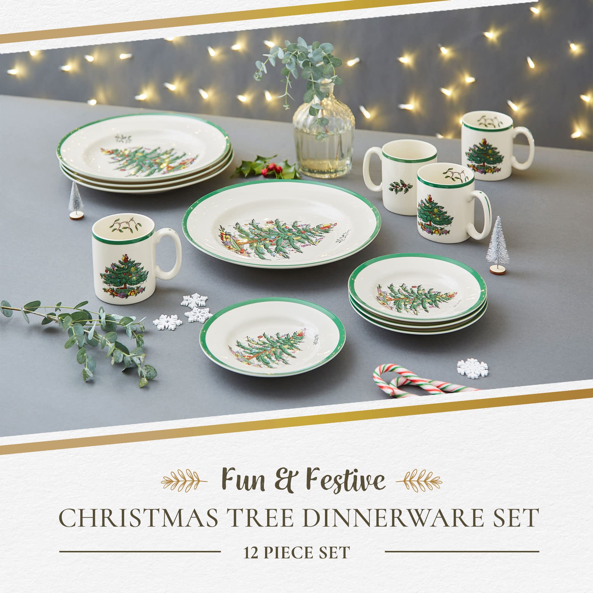 Spode Christmas Tree Dinner Plates | set of 4 Dinner Plates with Christmas Design | 10.5 Inch Christmas Dinnerware Made of Fine Earthenware | Dishwasher and Microwave Safe