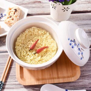 Whitenesser Ramen Bowl with Lid, Japanese Style 27.5 OZ Big Ceramic Bowl with Lid and for Soup Rice Noodle and Porridge, Microwave Oven Safety (Blue Flower)