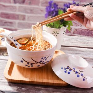 Whitenesser Ramen Bowl with Lid, Japanese Style 27.5 OZ Big Ceramic Bowl with Lid and for Soup Rice Noodle and Porridge, Microwave Oven Safety (Blue Flower)