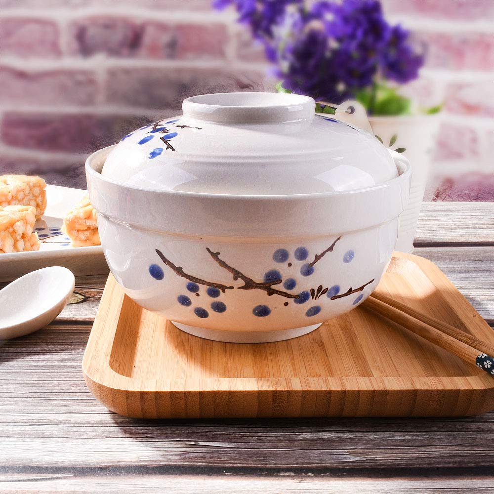 Whitenesser Ramen Bowl with Lid, Japanese Style 27.5 OZ Big Ceramic Bowl with Lid and for Soup Rice Noodle and Porridge, Microwave Oven Safety (Blue Flower)