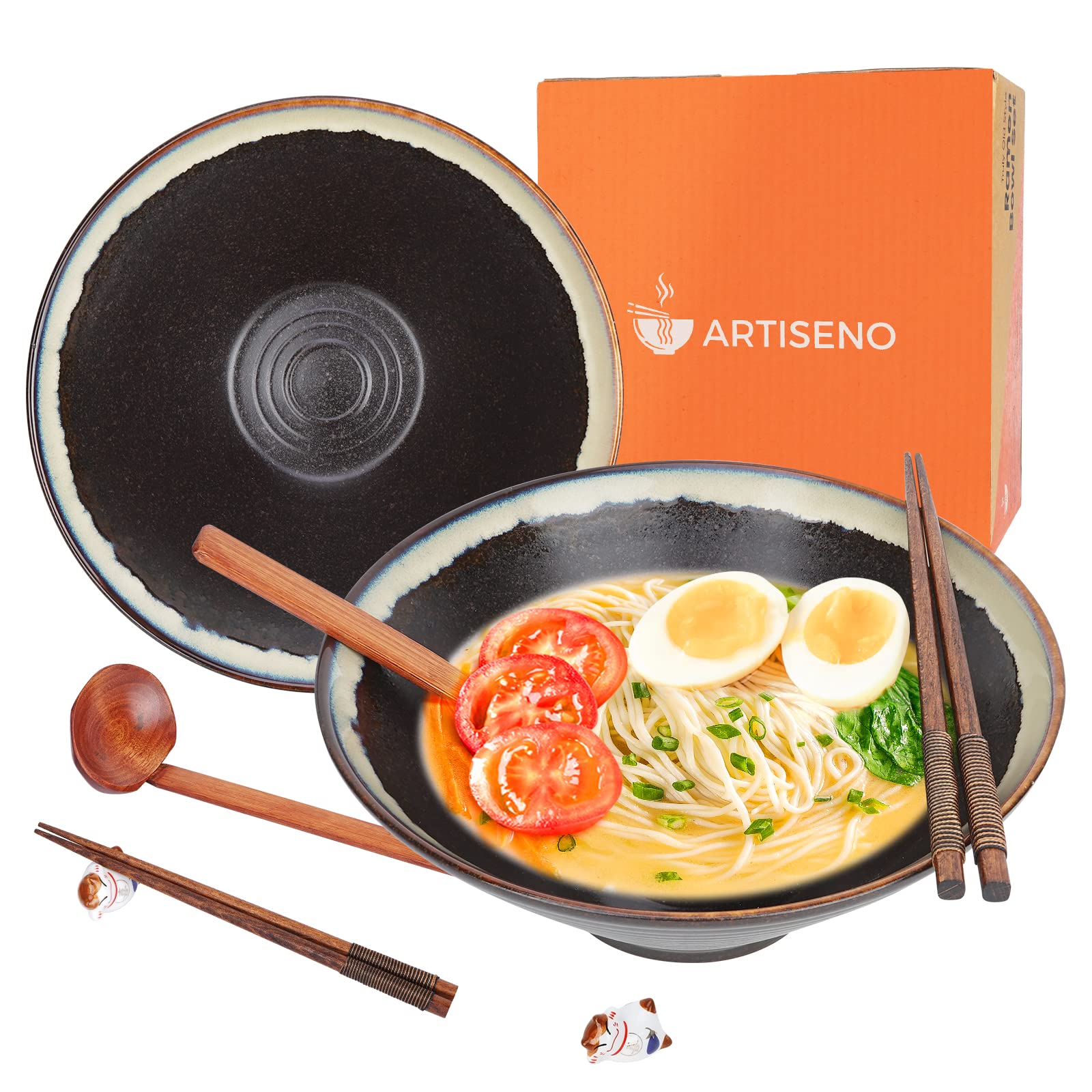 ARTISENO Ceramic Ramen Bowl Set- 2 Sets of 60oz Japanese Ramen Bowl with Chopsticks and Spoons, Ramen Noodle Bowl, Pho Bowls, Cute Bowl, Udon Ramen bowls, Noodle Bowl with Chopsticks, Black