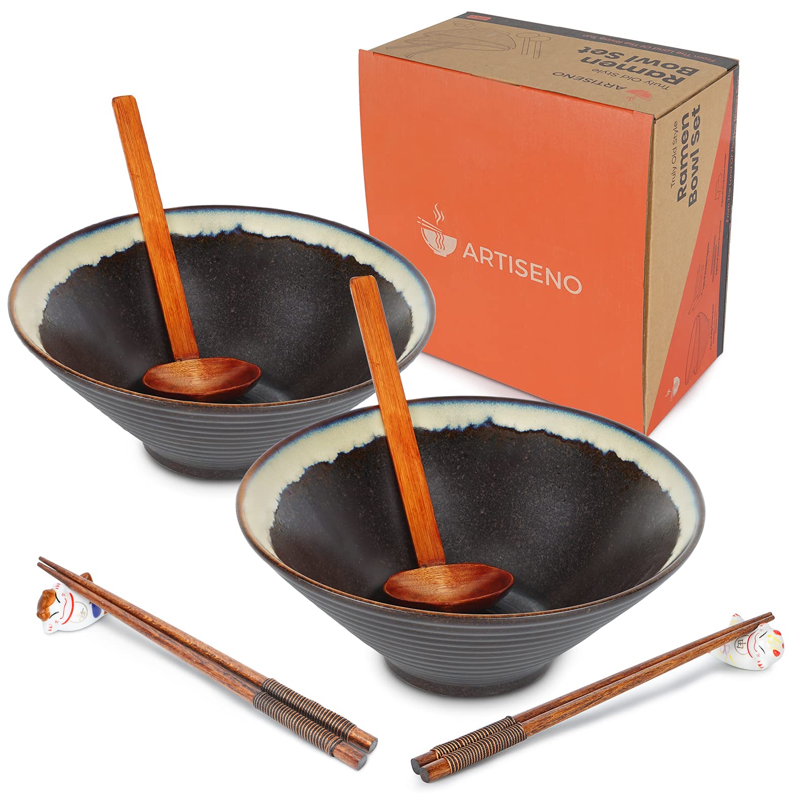 ARTISENO Ceramic Ramen Bowl Set- 2 Sets of 60oz Japanese Ramen Bowl with Chopsticks and Spoons, Ramen Noodle Bowl, Pho Bowls, Cute Bowl, Udon Ramen bowls, Noodle Bowl with Chopsticks, Black