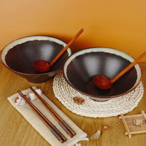 ARTISENO Ceramic Ramen Bowl Set- 2 Sets of 60oz Japanese Ramen Bowl with Chopsticks and Spoons, Ramen Noodle Bowl, Pho Bowls, Cute Bowl, Udon Ramen bowls, Noodle Bowl with Chopsticks, Black