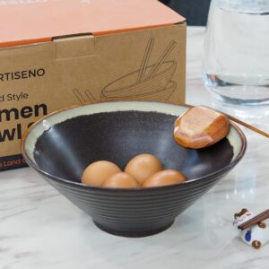 ARTISENO Ceramic Ramen Bowl Set- 2 Sets of 60oz Japanese Ramen Bowl with Chopsticks and Spoons, Ramen Noodle Bowl, Pho Bowls, Cute Bowl, Udon Ramen bowls, Noodle Bowl with Chopsticks, Black