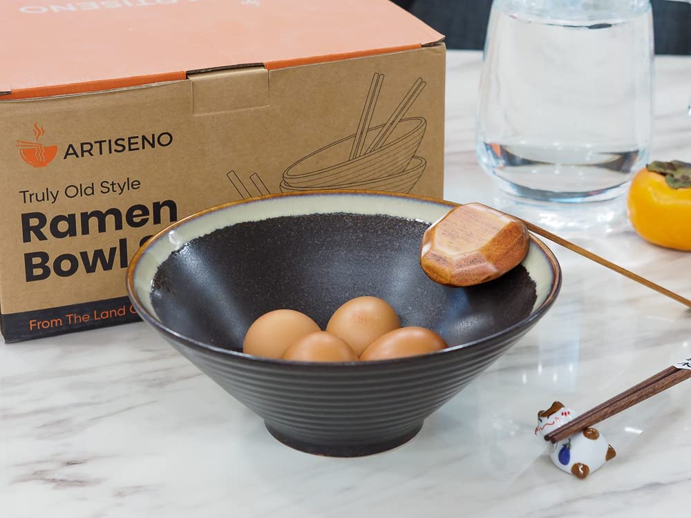 ARTISENO Ceramic Ramen Bowl Set- 2 Sets of 60oz Japanese Ramen Bowl with Chopsticks and Spoons, Ramen Noodle Bowl, Pho Bowls, Cute Bowl, Udon Ramen bowls, Noodle Bowl with Chopsticks, Black