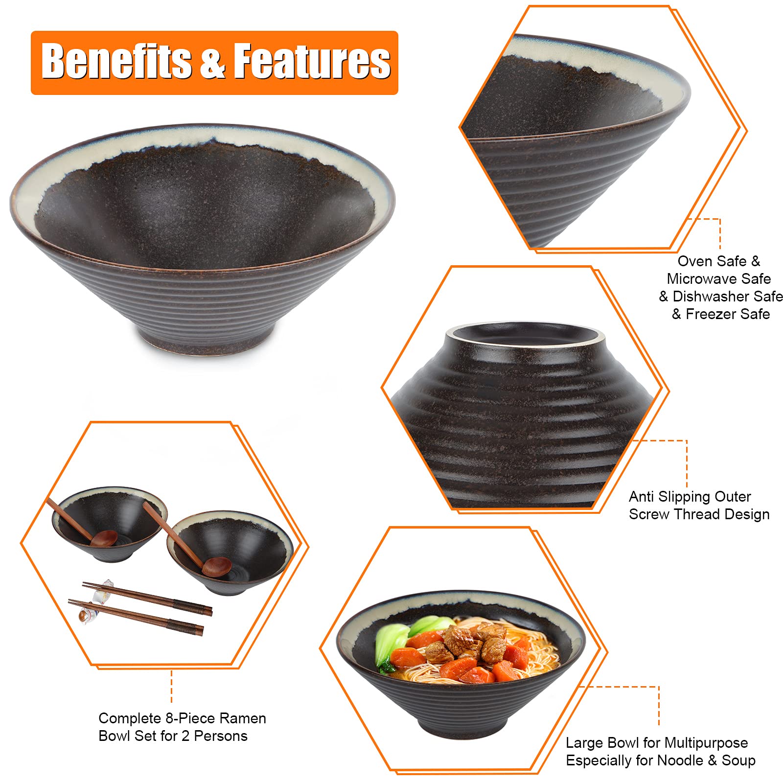 ARTISENO Ceramic Ramen Bowl Set- 2 Sets of 60oz Japanese Ramen Bowl with Chopsticks and Spoons, Ramen Noodle Bowl, Pho Bowls, Cute Bowl, Udon Ramen bowls, Noodle Bowl with Chopsticks, Black