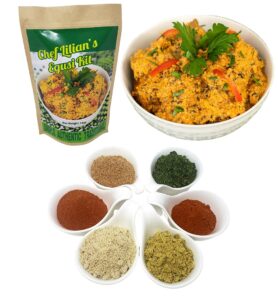 chef lilian's egusi kit- nigerian west african food kit with ground melon seeds (egusi), dehydrated spinach, traditional seasoning powder, hot chili powder soup, mix 4 servings (pack of 2)