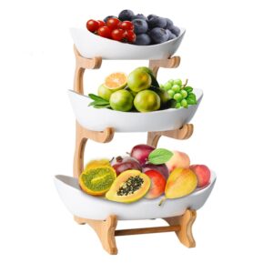 lacusmall 3 tier fruit basket for kitchen ceramic fruit bowl with bamboo wood stand for kitchen counter, detachable serving tray, fruit bowl set for kitchen party