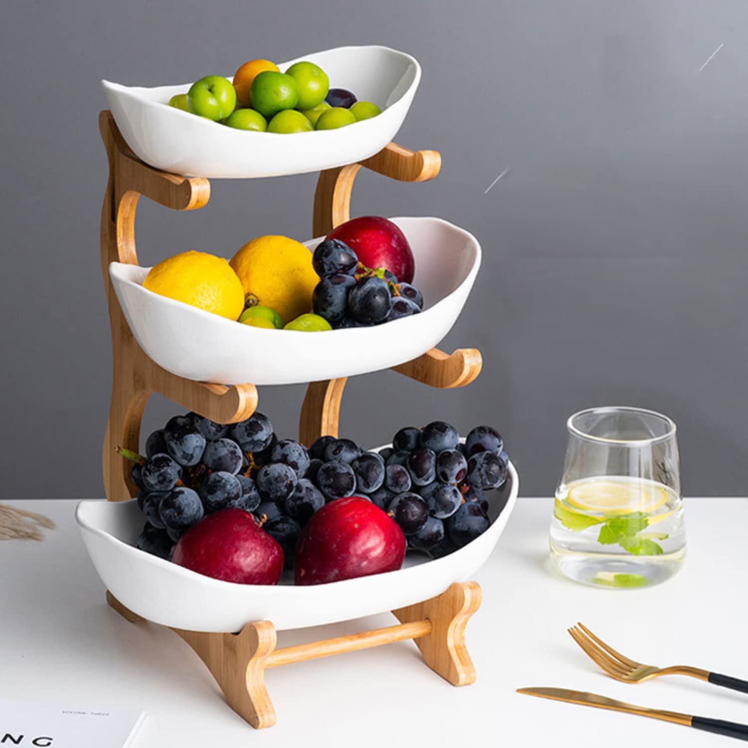 Lacusmall 3 Tier Fruit Basket for Kitchen Ceramic Fruit Bowl With Bamboo Wood Stand for Kitchen Counter, Detachable Serving Tray, Fruit Bowl Set for Kitchen Party