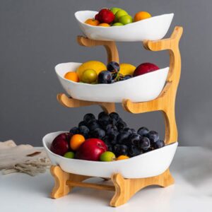 Lacusmall 3 Tier Fruit Basket for Kitchen Ceramic Fruit Bowl With Bamboo Wood Stand for Kitchen Counter, Detachable Serving Tray, Fruit Bowl Set for Kitchen Party