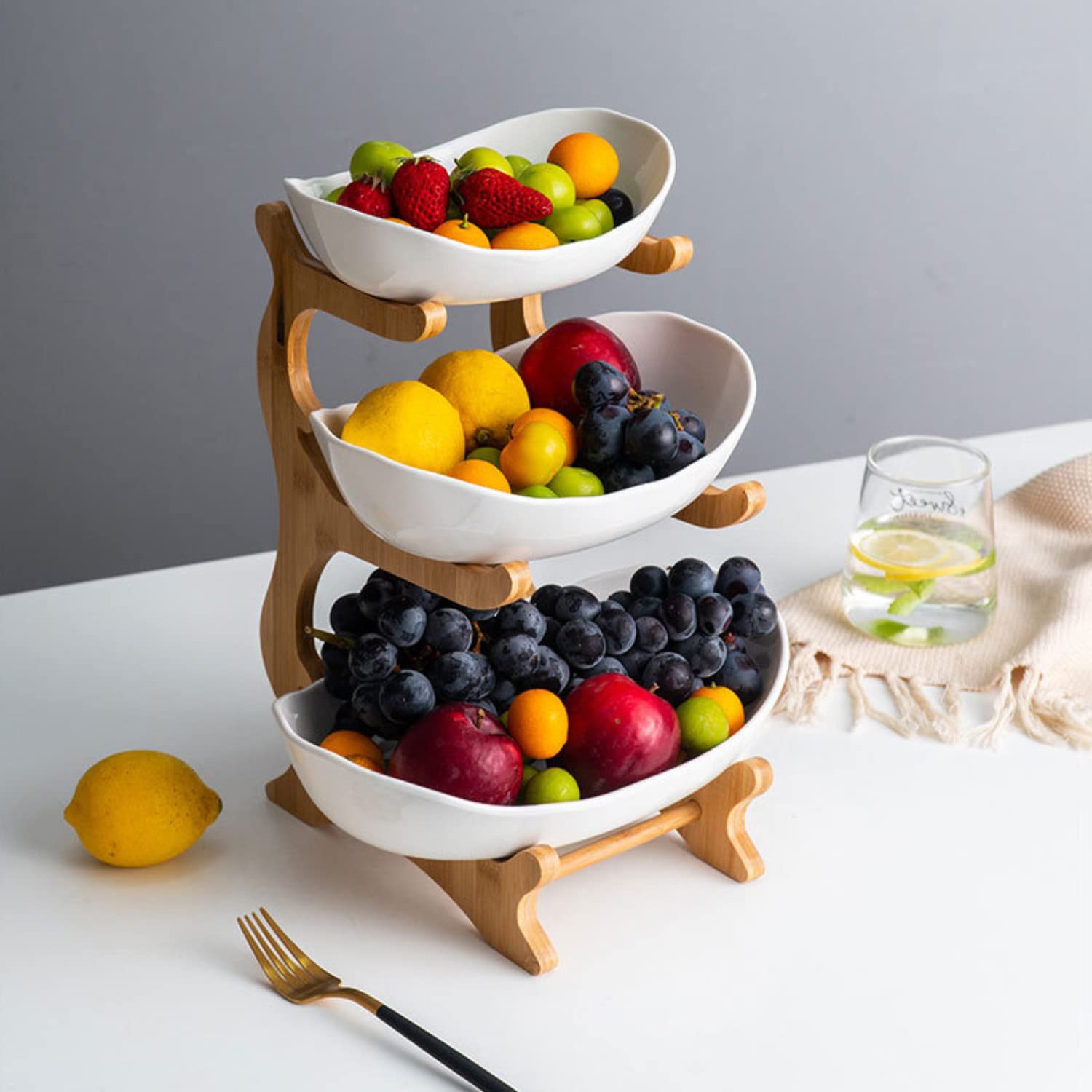 Lacusmall 3 Tier Fruit Basket for Kitchen Ceramic Fruit Bowl With Bamboo Wood Stand for Kitchen Counter, Detachable Serving Tray, Fruit Bowl Set for Kitchen Party