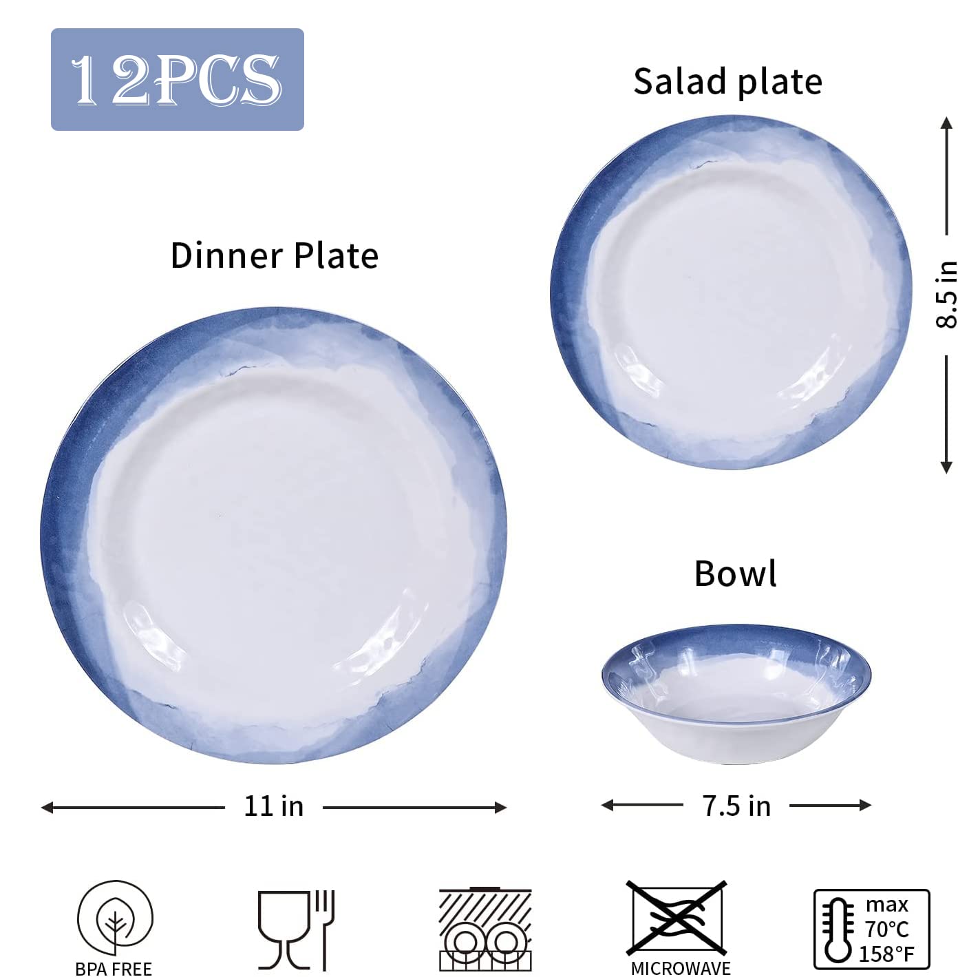 Lechoo Melamine Cereal Bowls set - 6pcs7.5in Soup Bowls, Dishwasher Safe, Durable,Breat-resistant (Blue 7.5in Bowls)