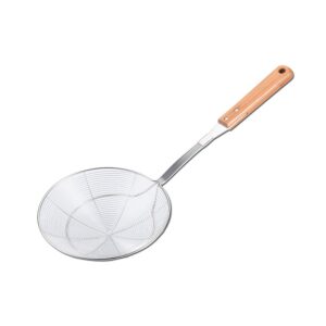 tenta tenta kitchen stainless steel skimmer strainer, wire skimmer with spiral mesh bamboo handle spoon/ladle for spaetzle/pasta/chips (1pc m size)