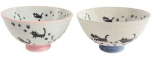 mino ware japanese pottery pair rice bowl black cats & foot prints blue & pink made in japan (japan import) mig005