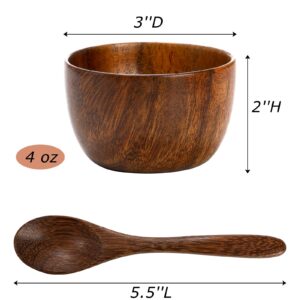 Lyellfe Set of 4 Acacia Wooden Bowl, 4 Oz Dipping Sauce Bowl with Spoon, 3 Inch Small Charcuterie Dish, Soup Water Cup for Condiments, Jam, Nuts, Appetizer, Snack, Yogurt