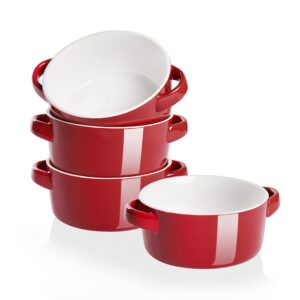sweejar porcelain soup bowls with handles, 28oz substantial crocks for soup, oatmeal, ramen, functional and stackable set of 4, dishwasher and microwave safe (red)