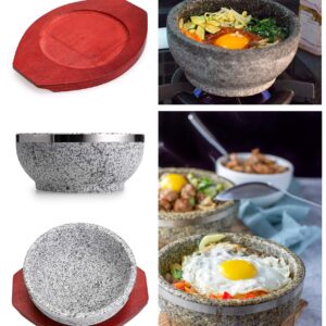 MDLUU Dolsot Bibimbap Bowl 32 Oz, Granite Stone Bowl with Wood Base, Dolsot Pot for Korean Soup, Rice and Stew