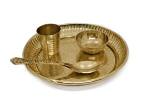 satvik brass 4 pc bhog thali set for laddu gopal brass bhog thali with glass, bhog bowl and pooja spoon for home and temple kanha ji bhog plate set (medium)
