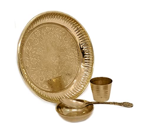 Satvik Brass 4 Pc Bhog Thali Set for Laddu Gopal Brass Bhog Thali with Glass, Bhog Bowl and Pooja Spoon for Home and Temple Kanha Ji Bhog Plate Set (Medium)