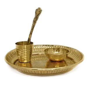 Satvik Brass 4 Pc Bhog Thali Set for Laddu Gopal Brass Bhog Thali with Glass, Bhog Bowl and Pooja Spoon for Home and Temple Kanha Ji Bhog Plate Set (Medium)