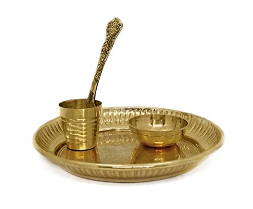 Satvik Brass 4 Pc Bhog Thali Set for Laddu Gopal Brass Bhog Thali with Glass, Bhog Bowl and Pooja Spoon for Home and Temple Kanha Ji Bhog Plate Set (Medium)