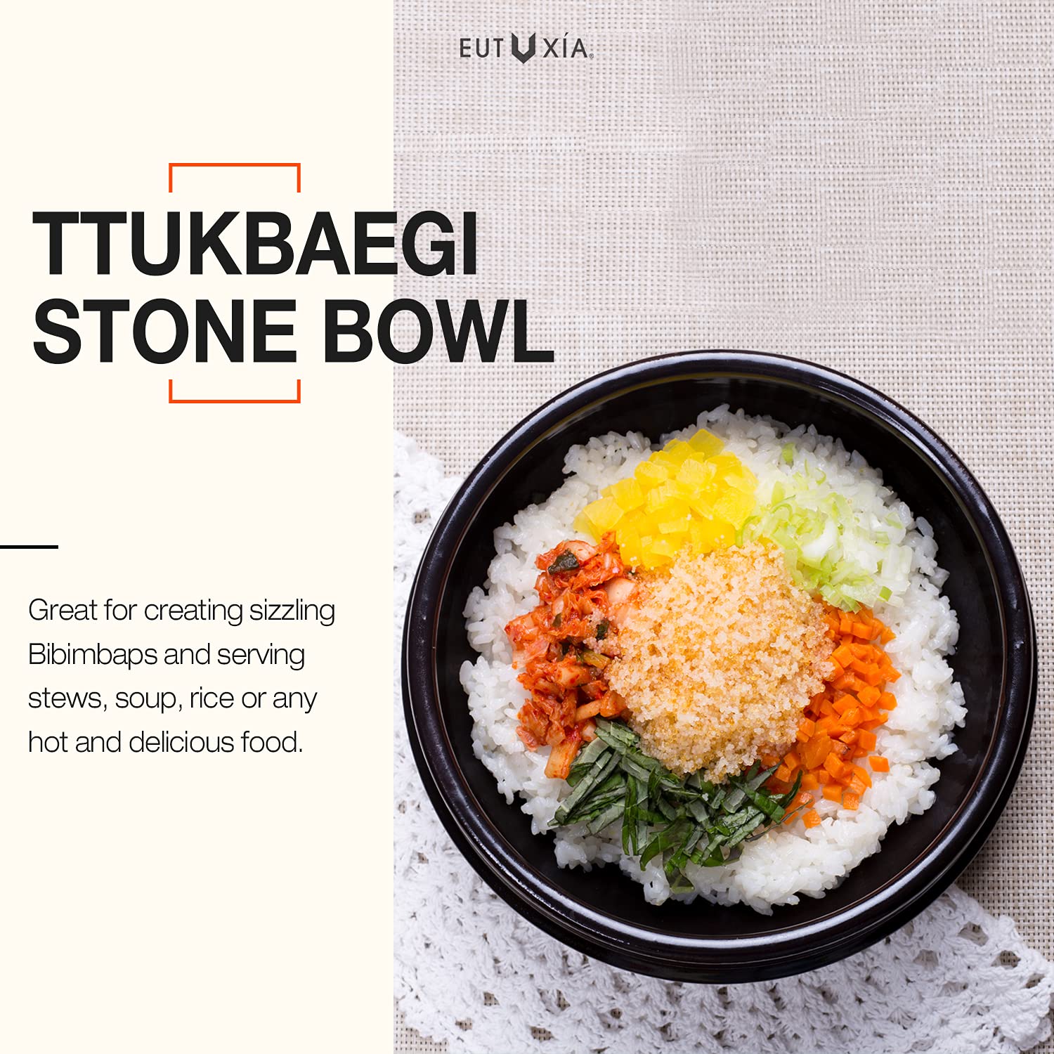 Eutuxia Dolsot Ttukbaegi Stone Bowl with Trivet Tray, Set of 2 Small, Hot Pot for Cooking Soup Stew Jjigae & Any Food, Keep Your Food Hot Until Last Bite, Perfect for Home & Restaurant, Made in Korea