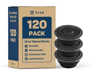 tiya food takeout bowls - black plastic storage to-go containers - reusable microwavable dishwasher safe restaurant bowls - leak resistant for soups & meal prep (42 oz bulk 120 pack with clear lids)