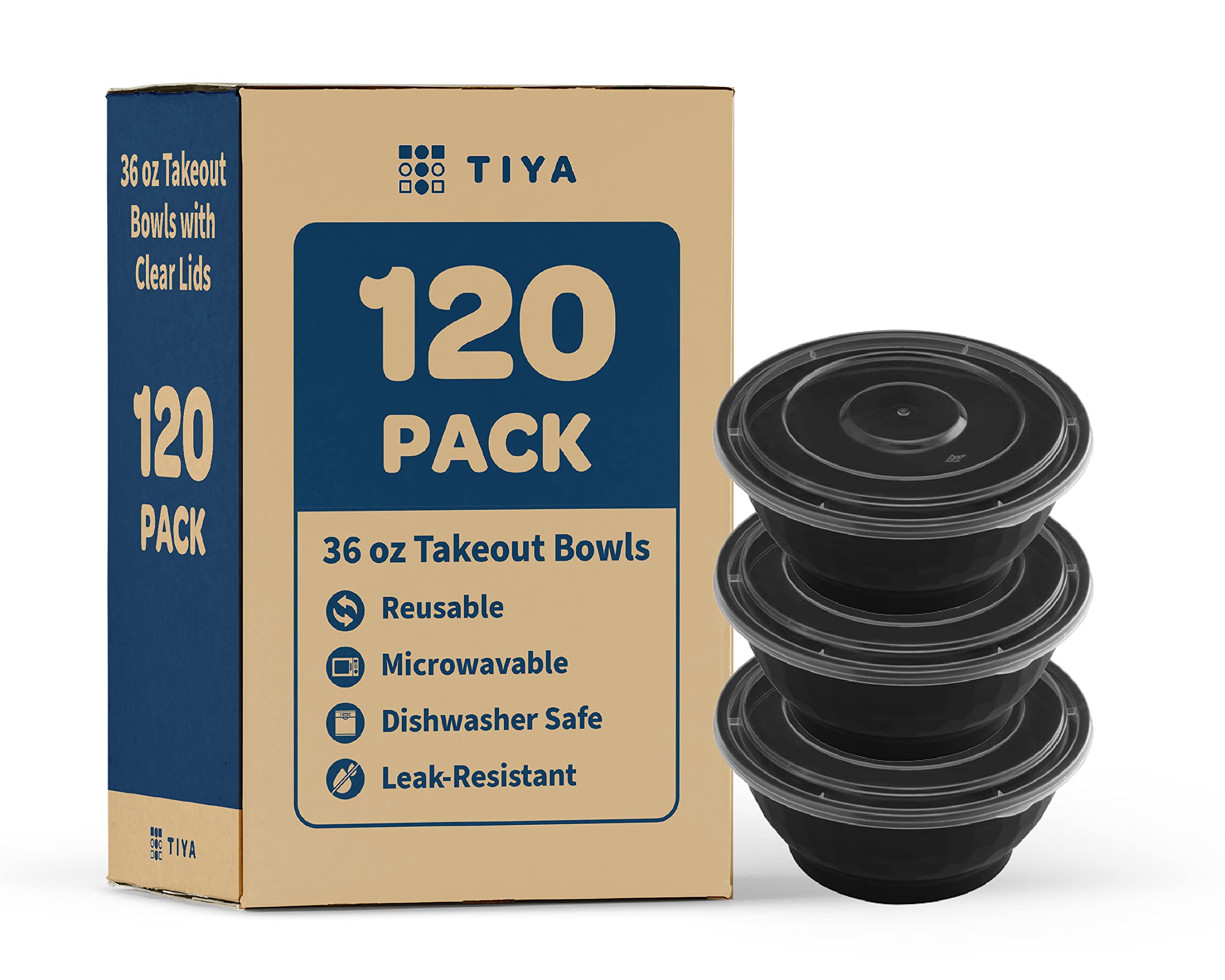 TIYA Food Takeout Bowls - Black Plastic Storage To-Go Containers - Reusable Microwavable Dishwasher Safe Restaurant Bowls - Leak Resistant for Soups & Meal Prep (42 oz Bulk 120 Pack with Clear Lids)