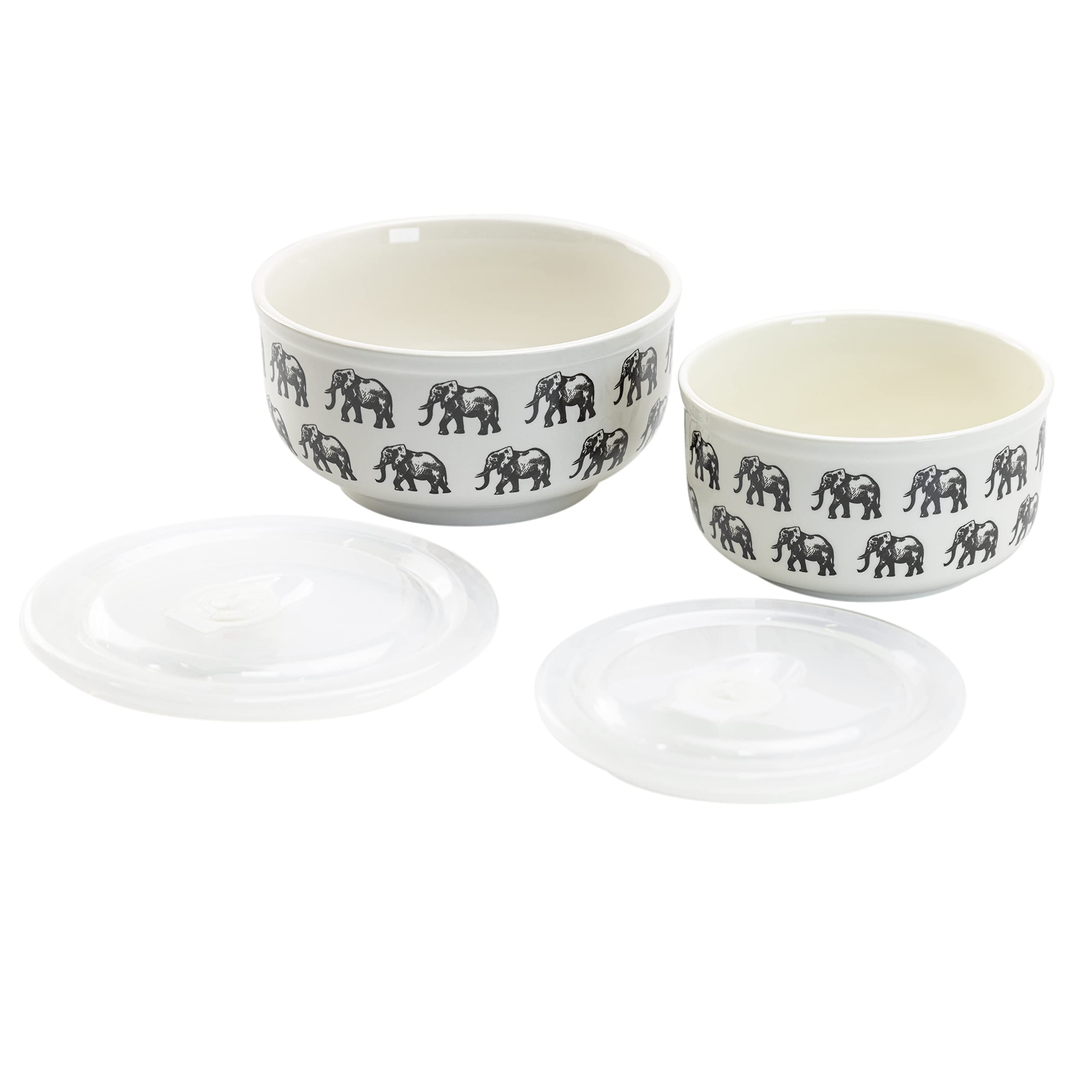 Grace Teaware Grace Pantry Nested Porcelain Storage Bowls With Vented Lids, Large and Medium 2-Piece Set, (Elephants Black)