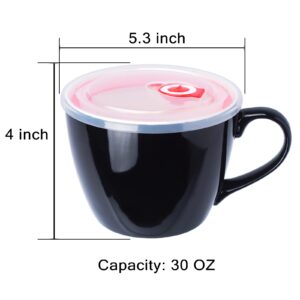 BOWLLER 30oz Black Porcelain Bowl with Lid and Handle for Soup, Salad, Cereal and Instant Noodles, Soup Mug with Heat Preservation Handle