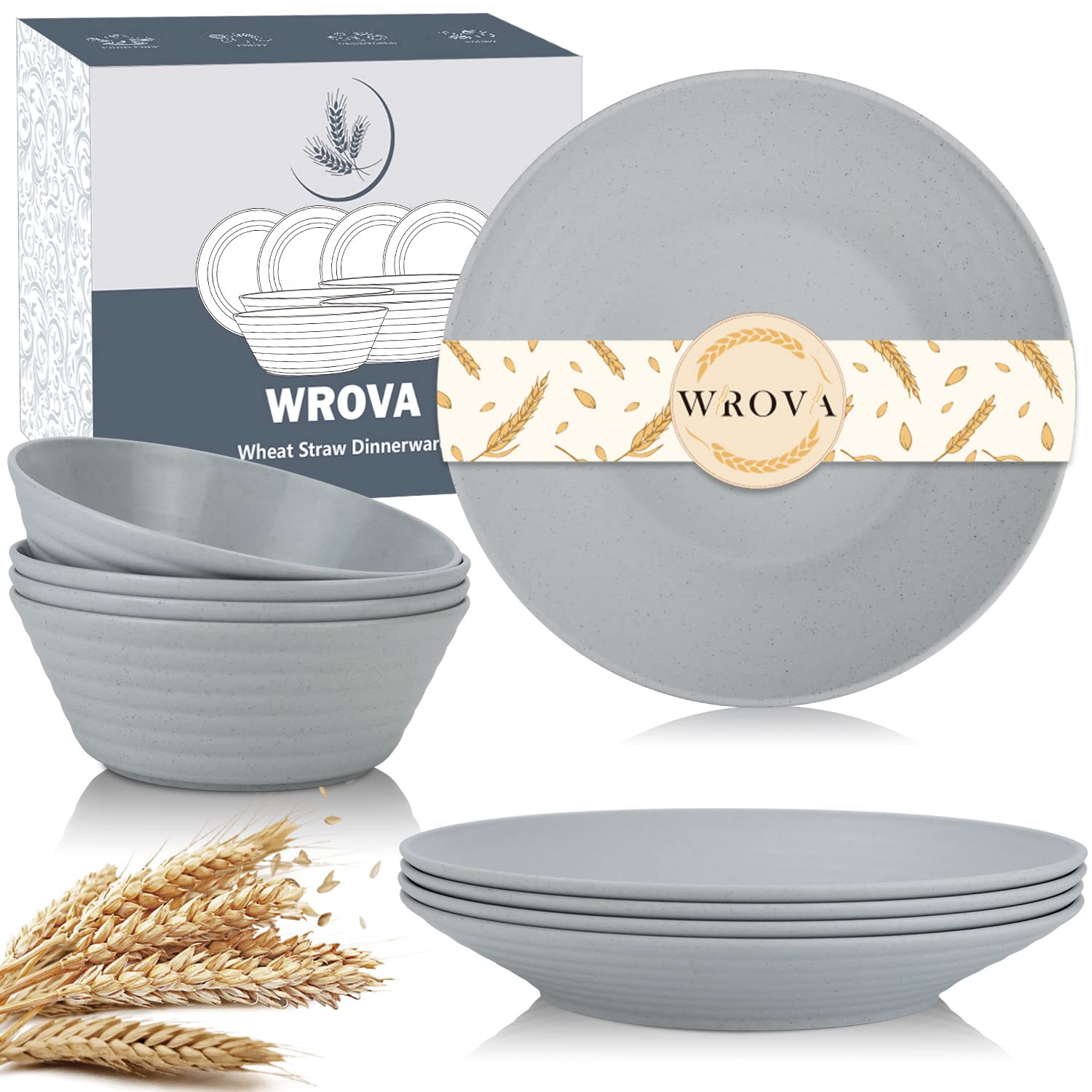 Wrova Wheat Straw Dinnerware Sets - 8 set Unbreakable Microwave Safe Dishes - Reusable Wheat Straw Plates and Bowls Sets for Kitchen - Kid’s Wheat Straw Bowls and Plate for Cereal, Soup (Light Grey)