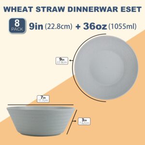 Wrova Wheat Straw Dinnerware Sets - 8 set Unbreakable Microwave Safe Dishes - Reusable Wheat Straw Plates and Bowls Sets for Kitchen - Kid’s Wheat Straw Bowls and Plate for Cereal, Soup (Light Grey)