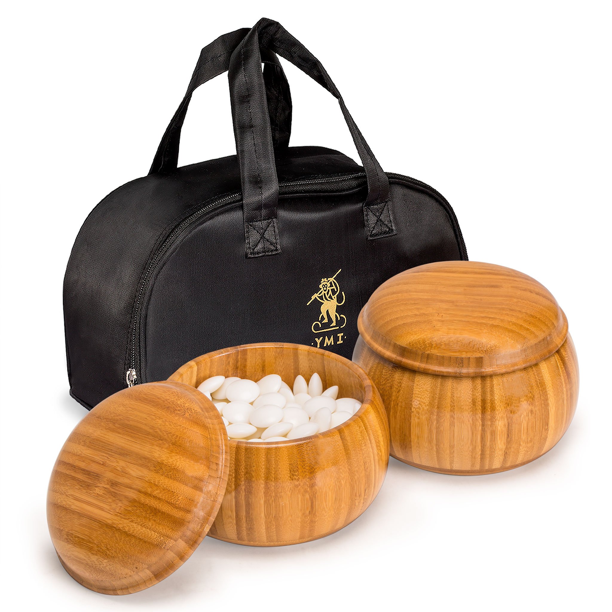 Yellow Mountain Imports Double Convex Melamine Go Game Stones Set with Bamboo Bowls - Size 33 (9 millimeters)