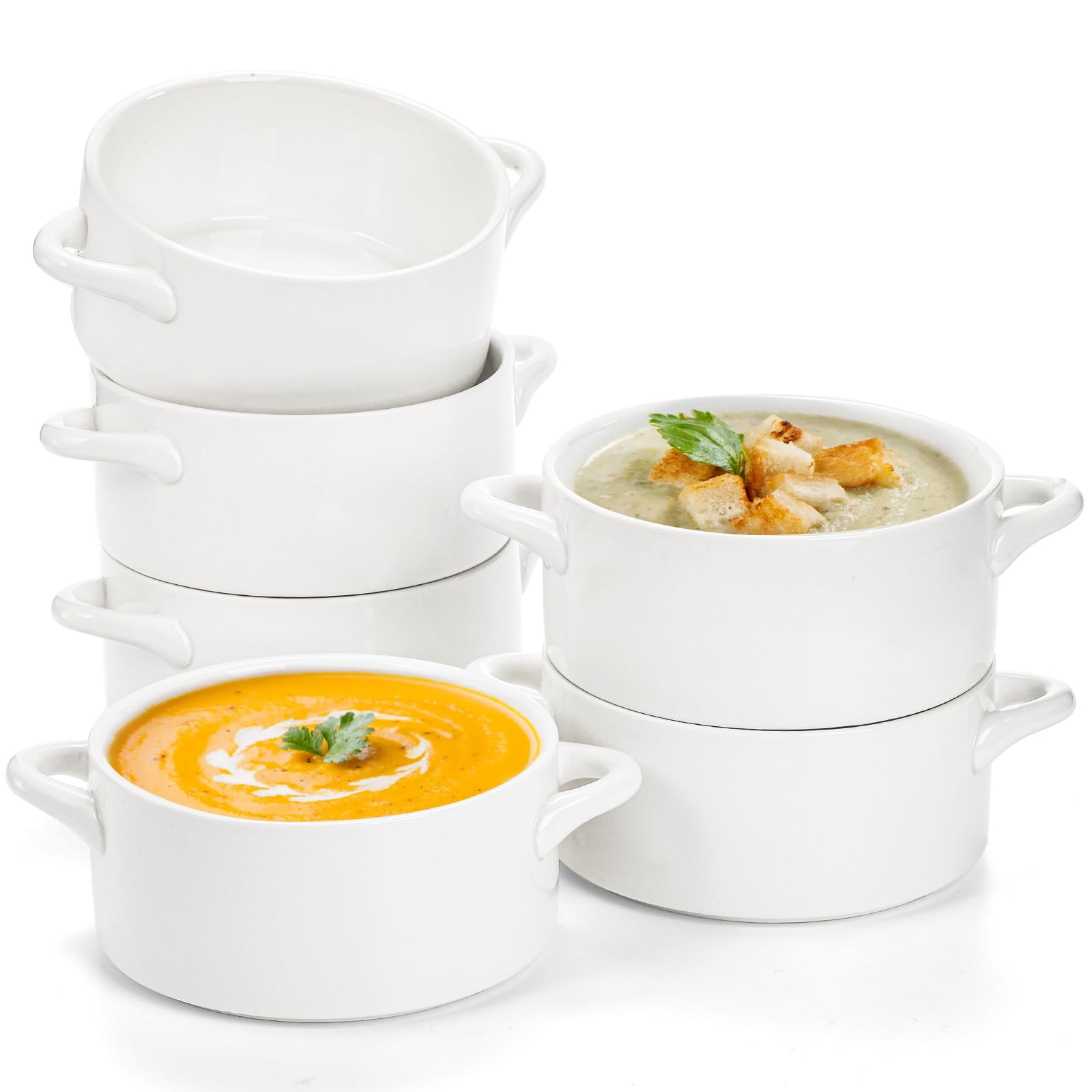 SOUJOY 6 Pack French Onion Soup Bowls, 22Oz Porcelain Serving Soup Bowls with Handles, Oven Safe Crocks for Soup, Cereal, Chill, Pot Pie, Beef Stew