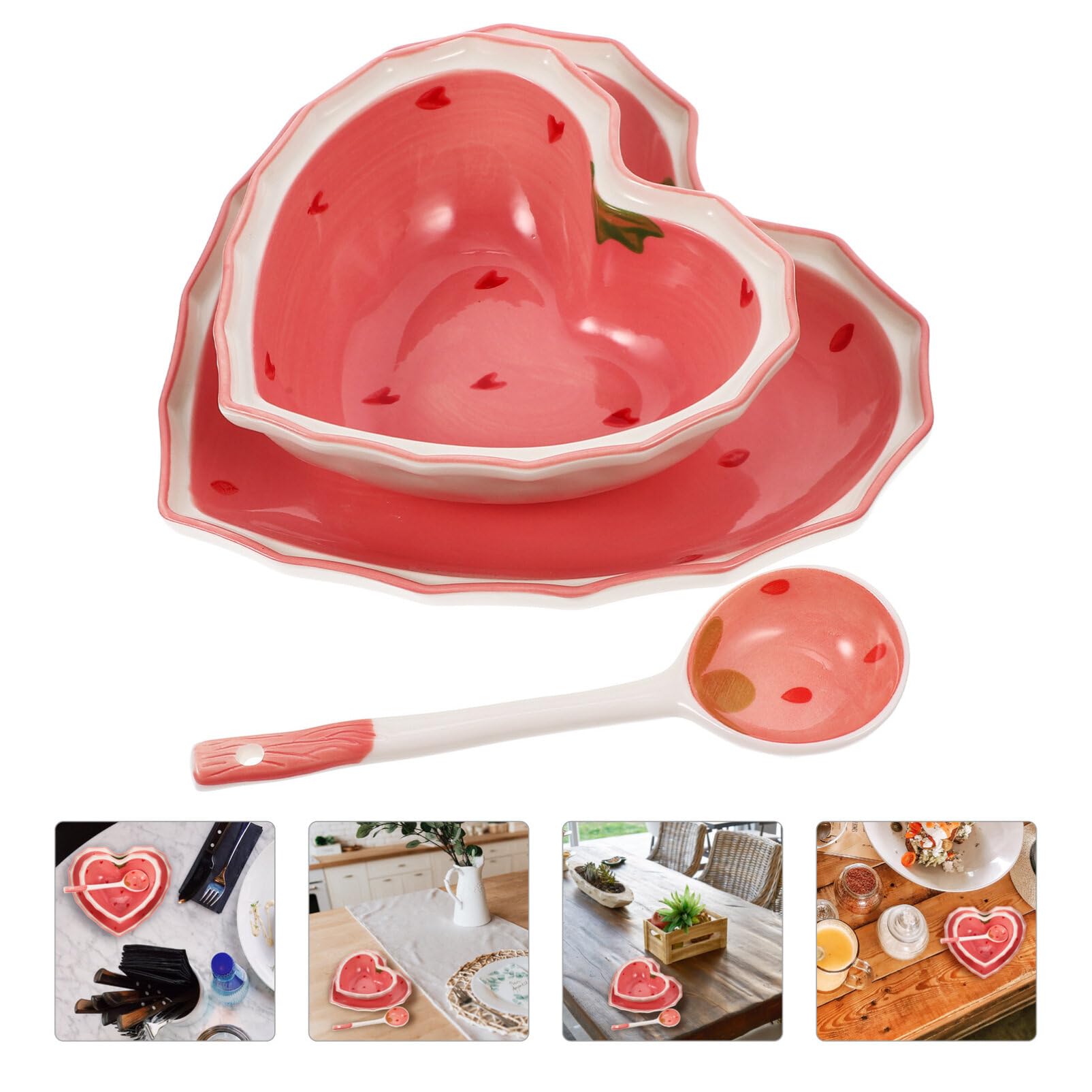 Ceramic Bowl Plate with Spoon Heart Shaped Strawberry Bowl Salad Bowl Dessert Bowl Snack Bowl Appetizer Plates for Soup Cereal Nuts Oatmeal Fruit Prep Sushi Plate Set