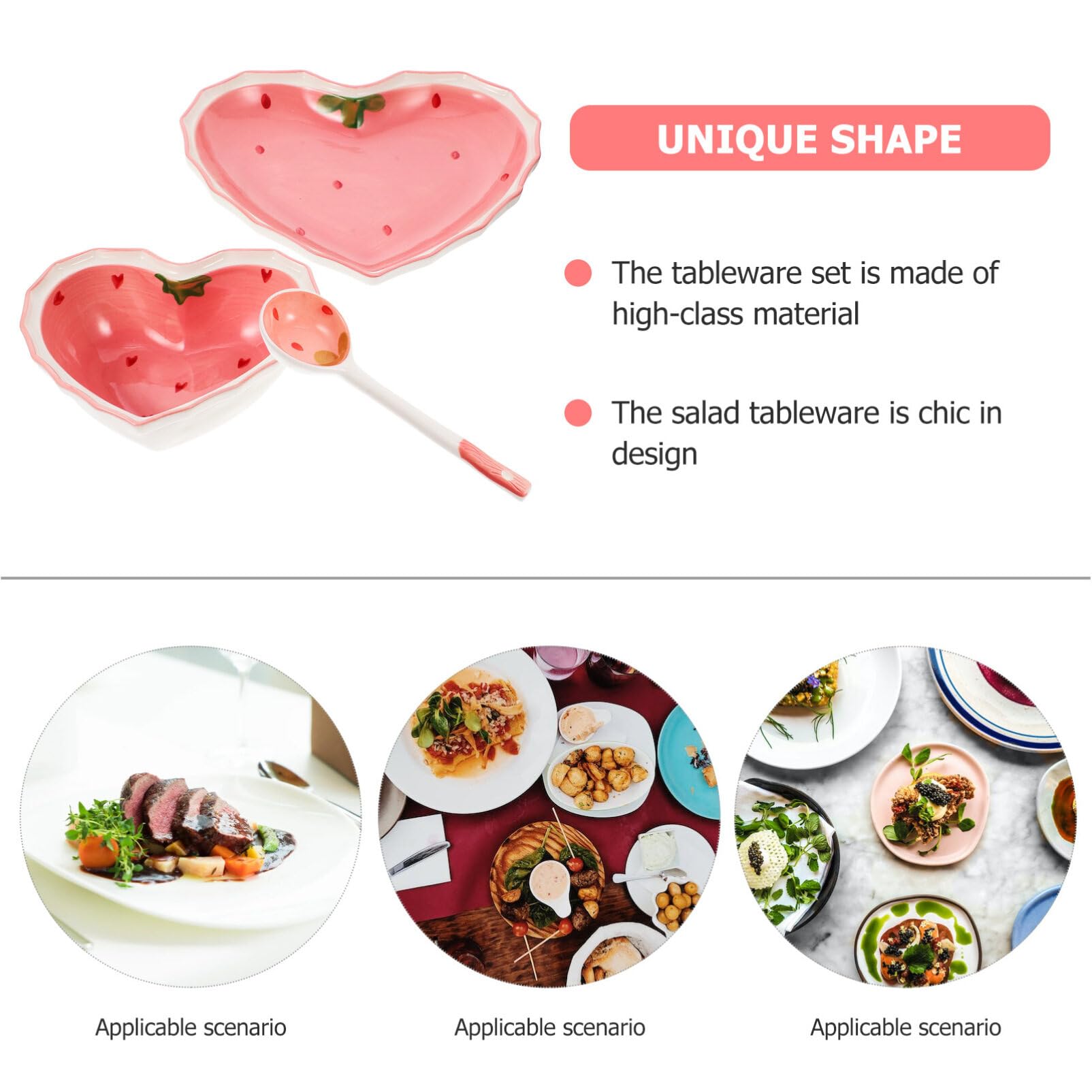 Ceramic Bowl Plate with Spoon Heart Shaped Strawberry Bowl Salad Bowl Dessert Bowl Snack Bowl Appetizer Plates for Soup Cereal Nuts Oatmeal Fruit Prep Sushi Plate Set