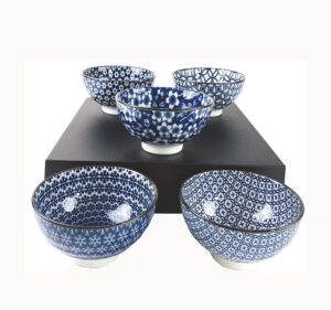 japanbargain 4686, japanese porcelain rice bowls gift set, traditional japanese inspired pattern miso soup bowls, blue color salad, set of 5, made in japan