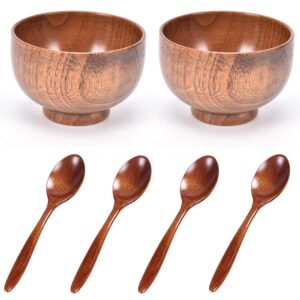 motzu 4 pieces jujube wooden spoons, 2 pieces jujube wooden bowls, wood flatware cutlery, tableware eating utensils, grain/natural snack bowl serving dish food container tableware bowl spoon