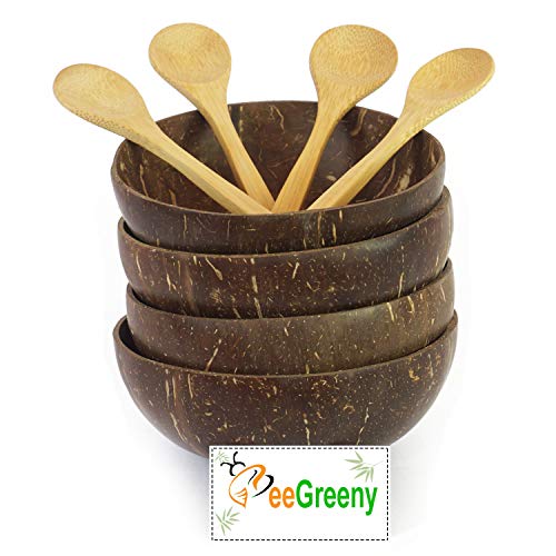 BeeGreeny Premium Coconut Bowls with Spoons (Set of 4) | Polished With Coconut Oil | Handmade, Vegan, Natural, Eco Friendly, Reusable Bowl for Breakfast, Serving, Decoration, Party