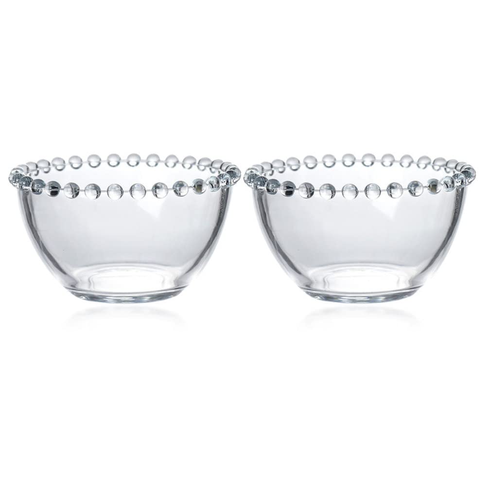 Luxshiny Glass Dessert Bowl with Beaded Edges 2pccs Clear Glass Bowls Salad Bowl Fruit Bowl Snack Dish Decorative Sundae Cups Sauce Bowls Serving for Ice Cream Bread Candy Appetizer