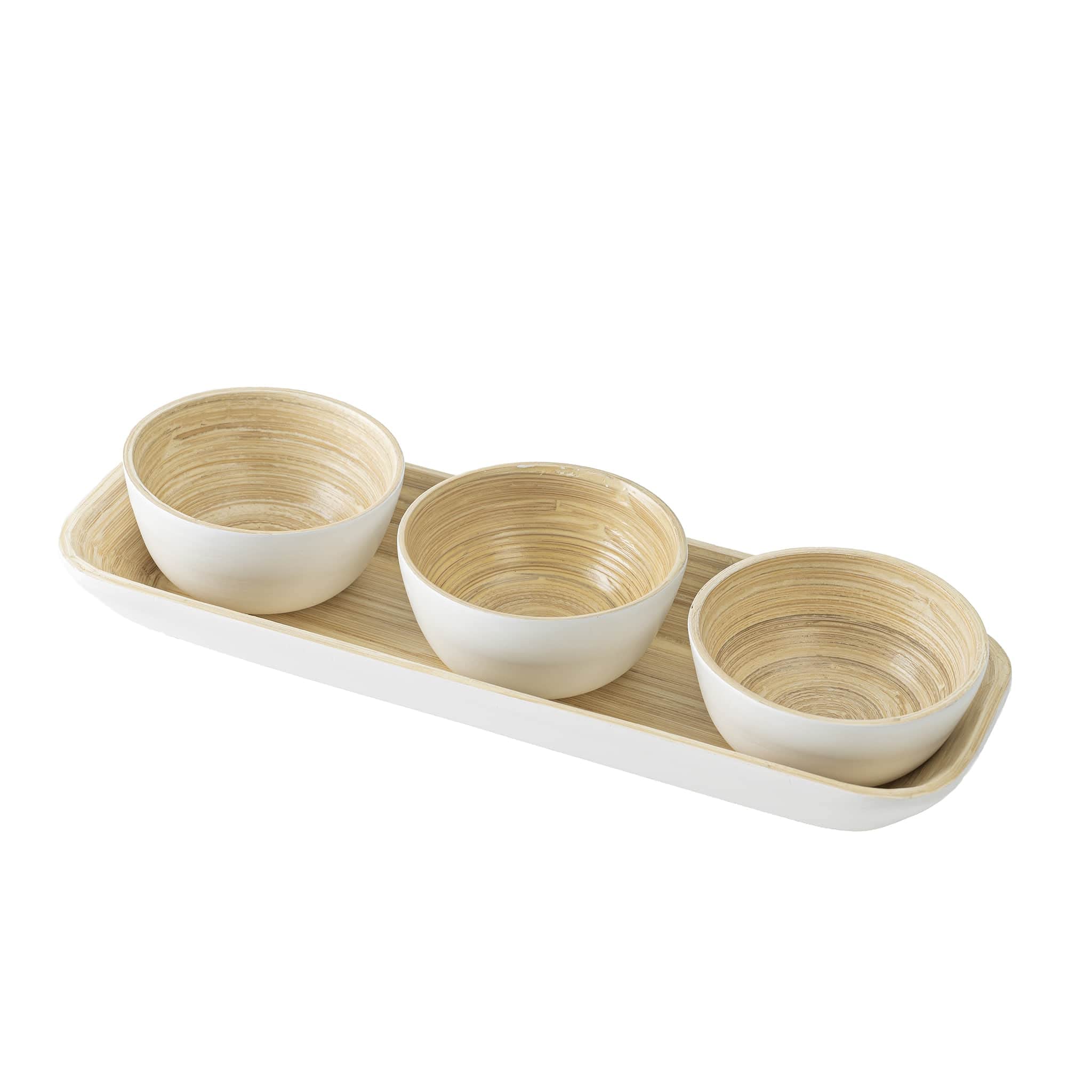 Kiwi Homie, Dia 3.54" x H 1.77" 3 PCS White Mini Bamboo Bowls with Serving Tray Platter for Serving Smoothies, 3 Pinch Bowls, Condiment Bowls Set 3 for Party, Kitchen Serving