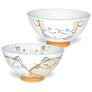 japanese handcrafted rice bowl, authentic mino ware pottery, calico cat motif design, mike blue chawan, set of 2