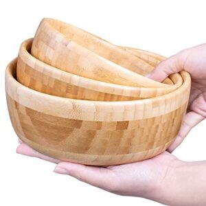 ginsent bamboo salad bowls set, 3 pack stackable salad serving bowls, eco friendly natural wooden bowls for food, salad, fruit, rice, pasta, soup, cereal, snack and nuts