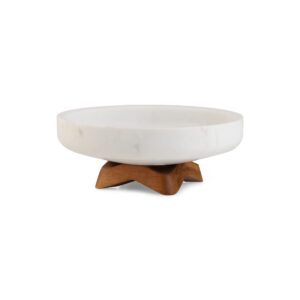 nambe chevron fruit bowl – white marble and acacia wood decorative footed bowl - kitchen counter table display centerpiece bread vegetable holder on pedestal- 10.5”