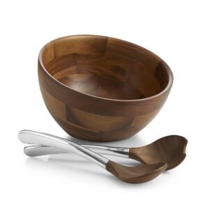 nambe luna salad bowl with servers | 3-pc set | made of acacia wood and metal alloy | large 10-inch bowl | set of 2 serving utensils | designed by steve cozzolino